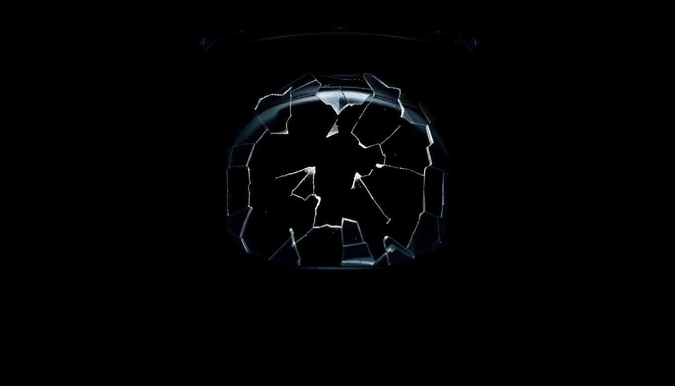 An extreme close-up photograph of a shattered motorcycle helmet visor, the harsh lighting and stark contrast creating a gritty, investigative aesthetic that conceptually represents the tragic aftermath of a fatal crash.