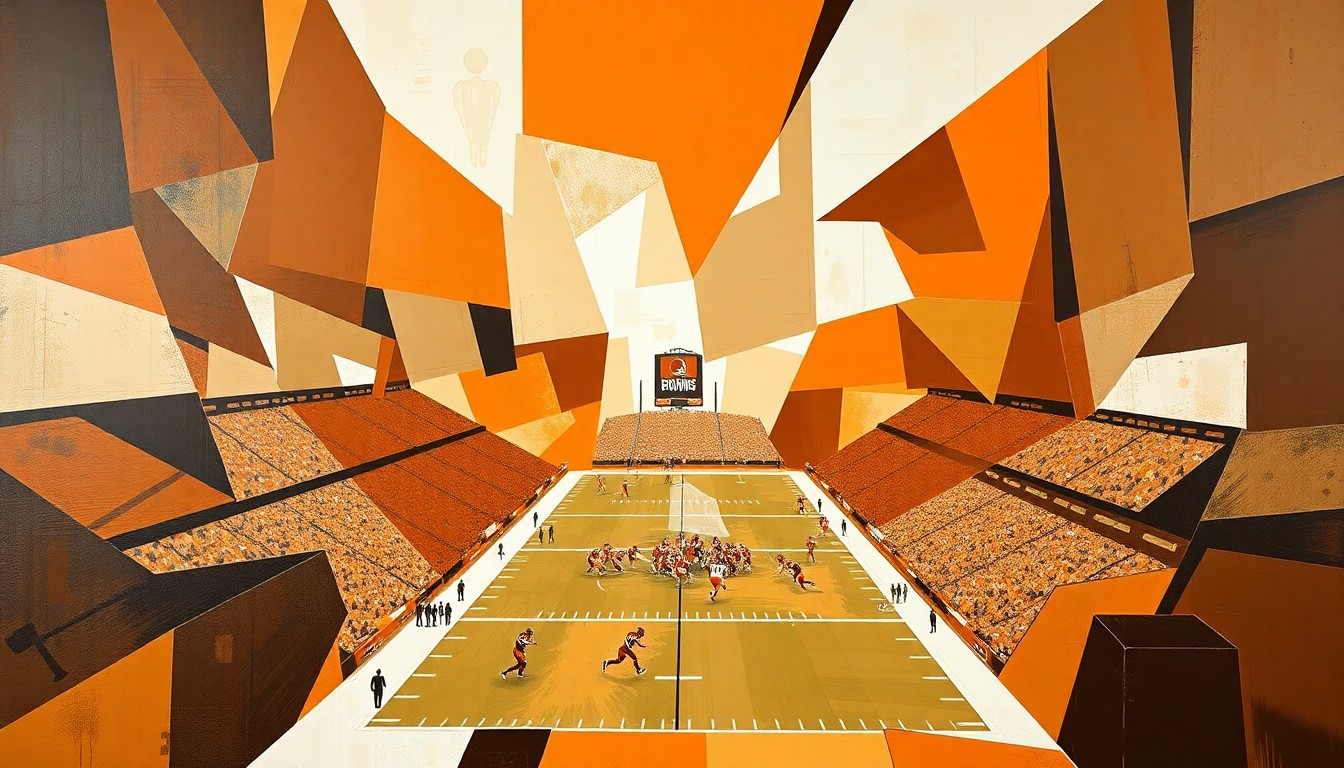A fragmented, geometric painting depicting a Browns football game, with sharp planes of brown, orange, and white overlapping to create a dynamic, multi-perspective scene.