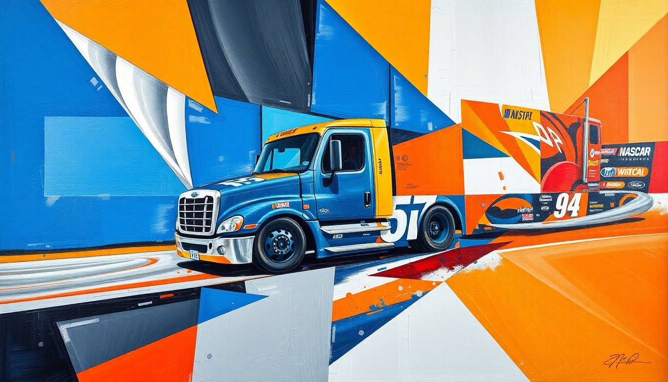 A dynamic, cubist-inspired illustration depicting a NASCAR Truck Series race, with the vehicles and track broken down into sharp, overlapping geometric shapes in a vibrant color palette, conveying the speed and energy of the sport.