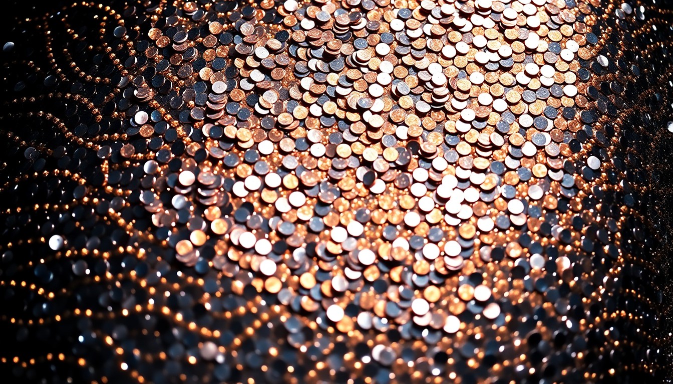 An extreme close-up photograph of shimmering, glittering sequins in a high-contrast, high-fashion studio lighting setup, conceptually representing the luxurious and glamorous nature of the Cécred haircare brand launch event.