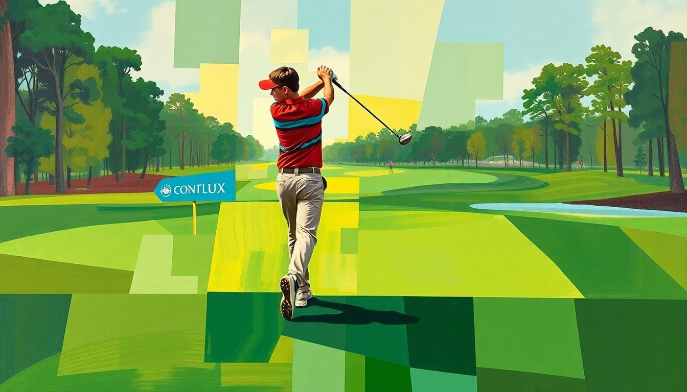A fractured, multi-perspective painting depicting the motion and energy of a golfer's swing, with the fairway and greens of Augusta National Golf Club broken down into sharp, overlapping geometric shapes in a cubist style.