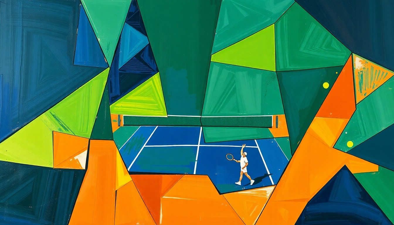 A fragmented, geometric painting depicting a tennis match or competition, with sharp planes of navy, green, and orange intersecting to create a dynamic, abstract visual representation of the sport.