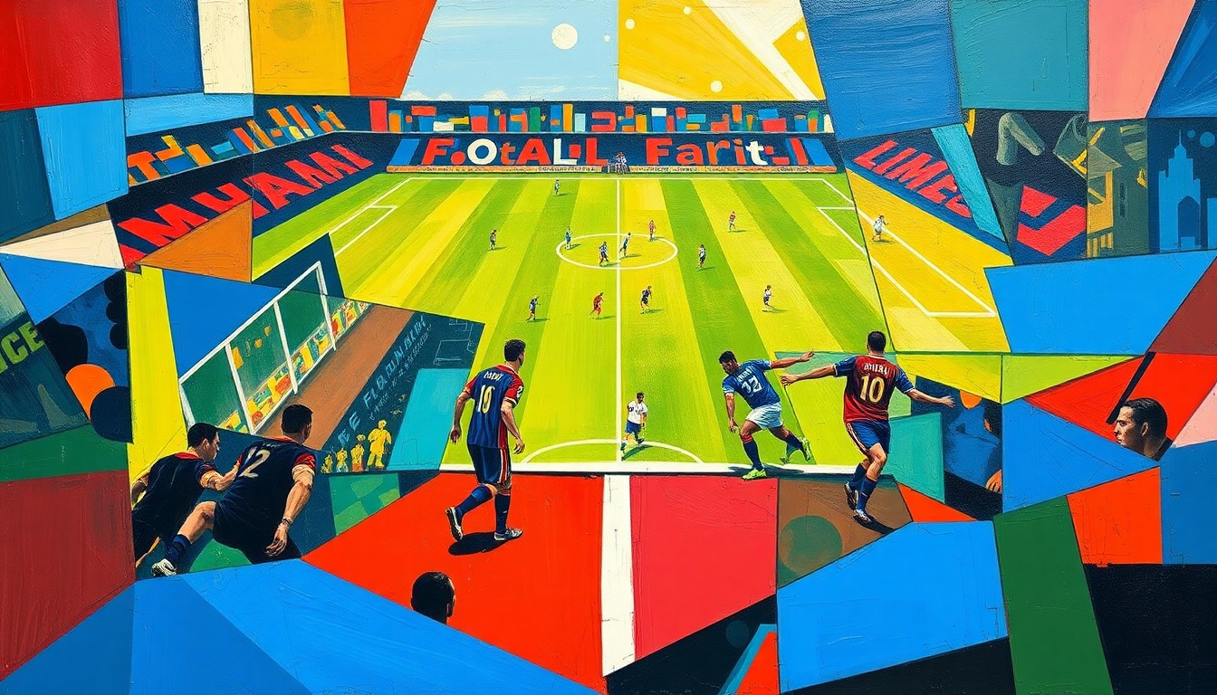 A fragmented, geometric painting depicting a football game or match, with players and the field broken down into abstract shapes and planes of color in a cubist style, capturing the dynamic energy and competing perspectives surrounding Lamar Jackson's career.