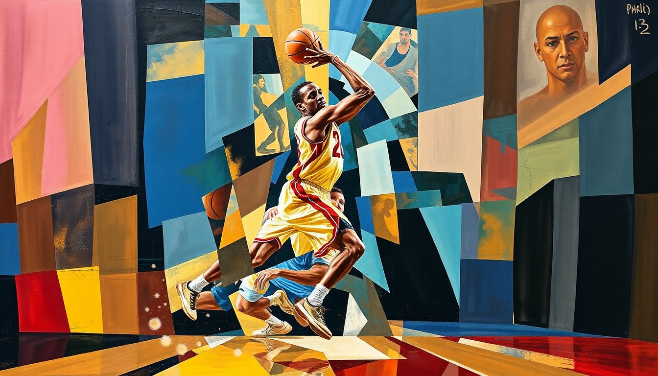 A cubist-style painting depicting a basketball player's movements broken down into sharp, geometric shapes and planes, conceptually representing the uncertainty surrounding Nikola Jokić's injury status.