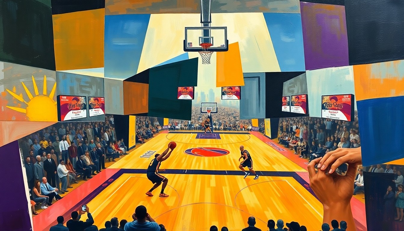 A fractured, geometric painting depicting a basketball game, with players and the court broken down into sharp, overlapping planes of color and shape, conveying the intensity and strategic complexity of the Suns-Lakers matchup.