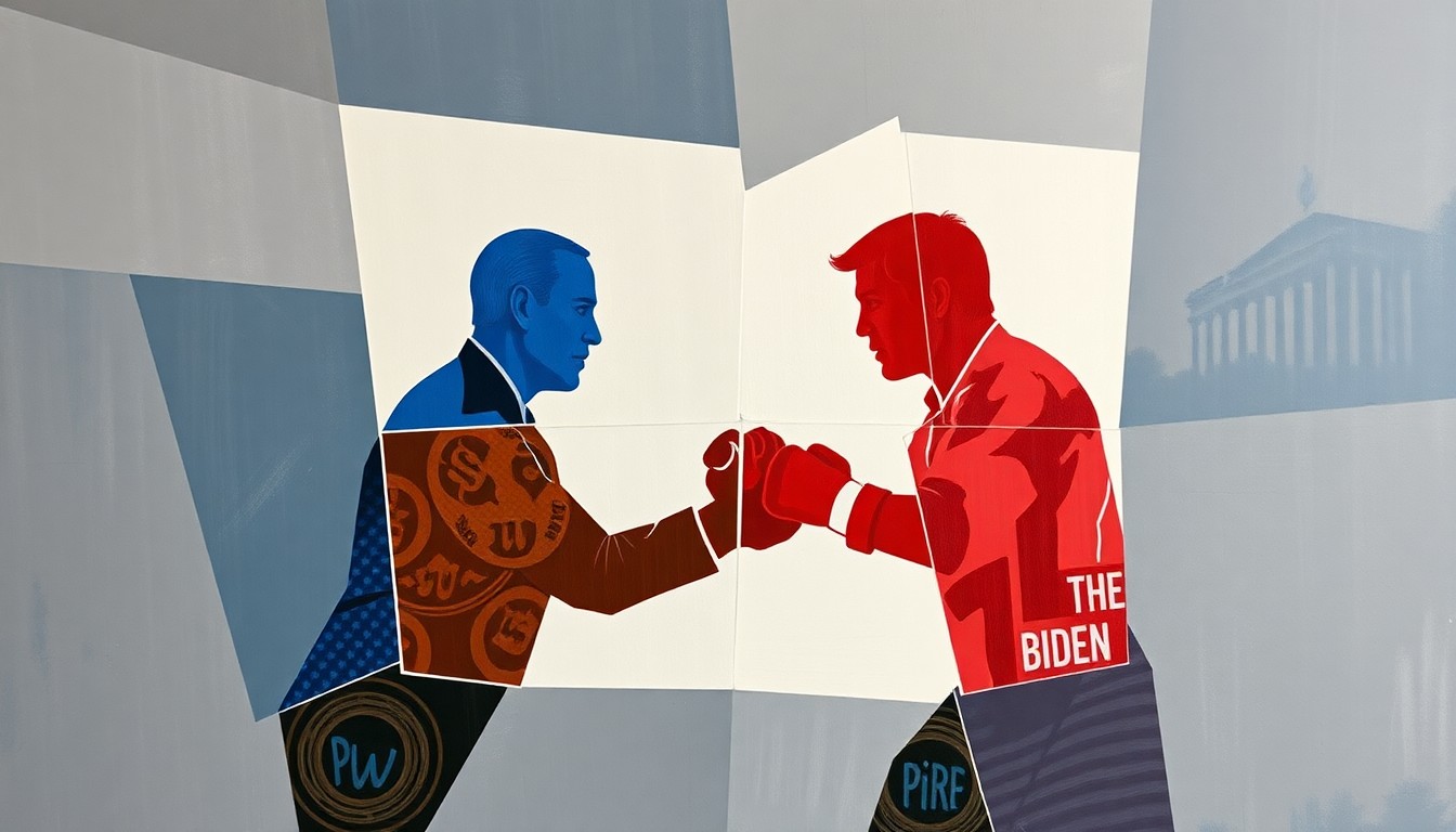 A fractured, abstract painting in shades of gray, blue, and red depicting the silhouettes of two figures in a confrontational pose, representing the political tensions between Hunter Biden and the Trump family.