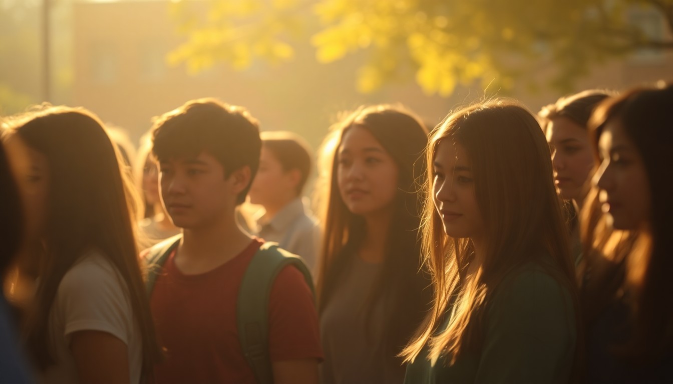 An abstract, impressionistic photograph of a group of high school students gathered together, their faces obscured in a hazy, golden light, conveying a sense of academic achievement and community.