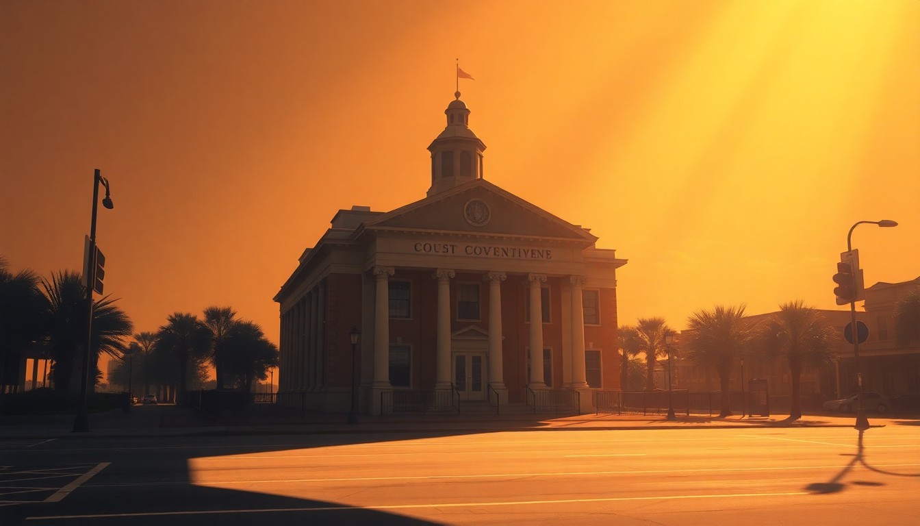 A serene, cinematic painting of a government building in New Orleans, with warm sunlight casting long shadows across the facade, conveying a sense of quiet contemplation on the political forces at play.