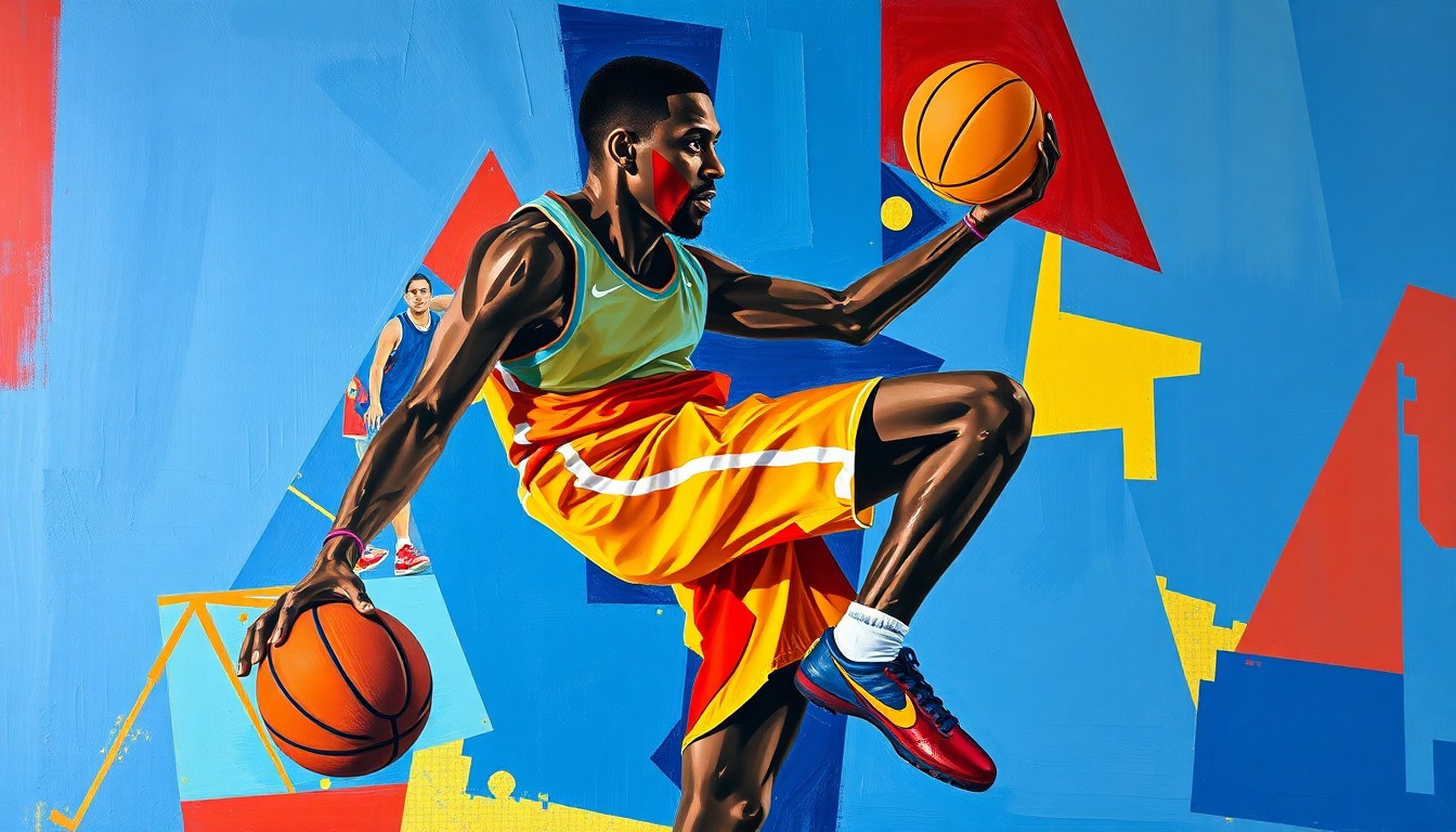 A fractured, multi-perspective painting depicting the movements and actions of a basketball player, broken down into sharp, overlapping geometric planes of vibrant blue, red, and yellow colors.