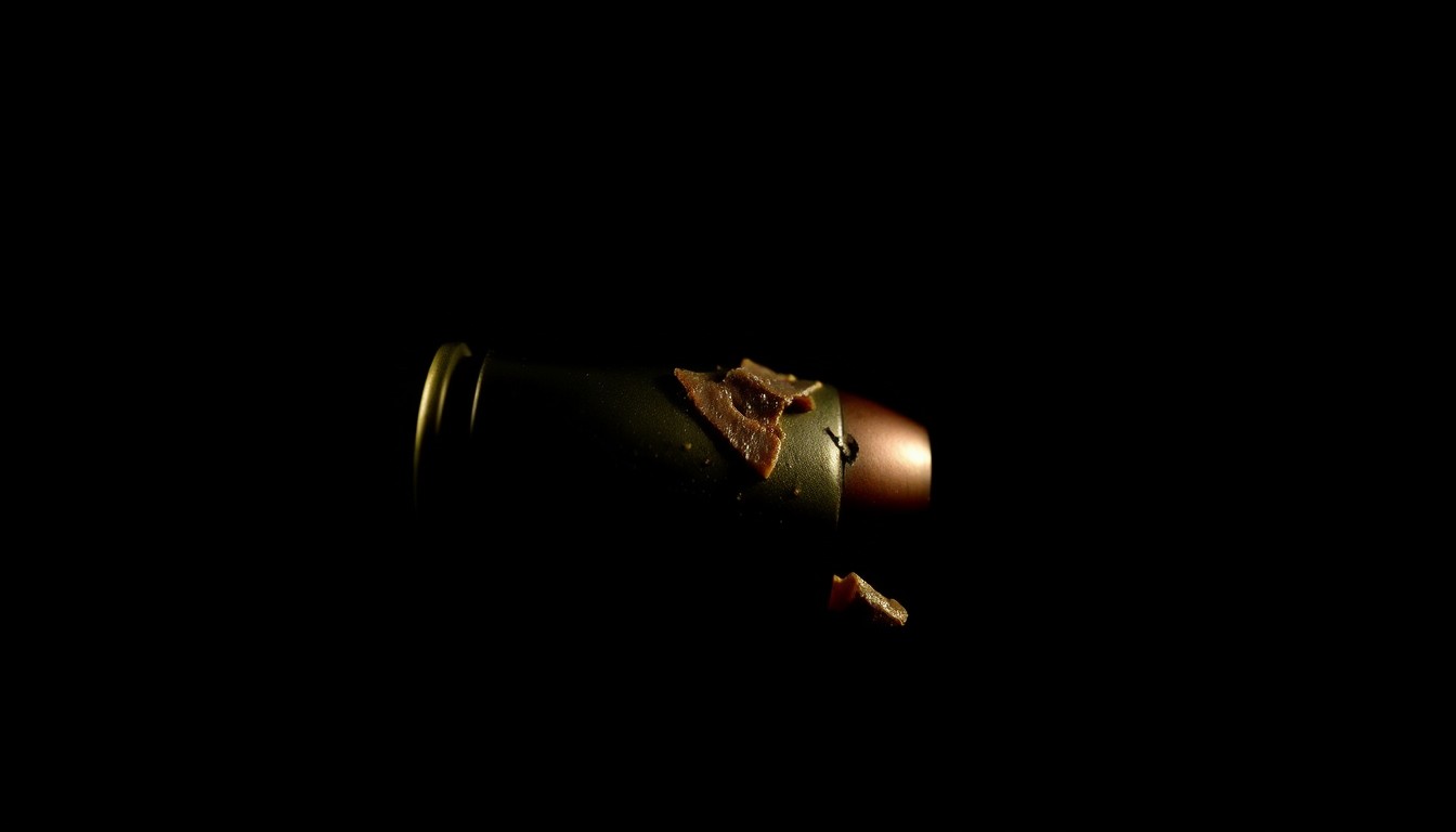 An extreme close-up photograph of a spent shell casing or bullet fragment, its metallic surface reflecting the harsh light of the camera flash against a pitch-black background, conveying a sense of gritty, investigative urgency about the gun violence impacting the city.