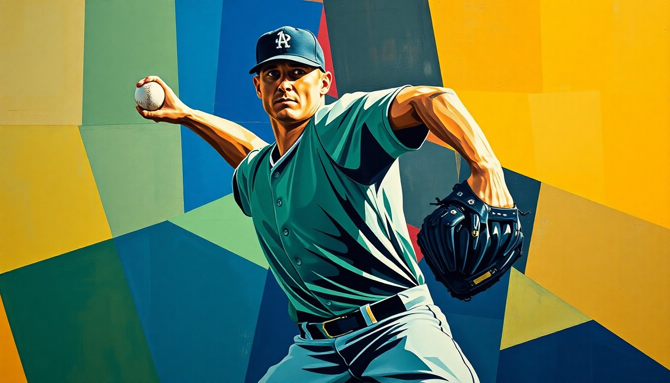 An abstract, cubist-style painting depicting a baseball pitcher's delivery broken down into overlapping geometric shapes and planes in shades of blue, green, and ochre, conveying the power and precision of the pitcher's motion.