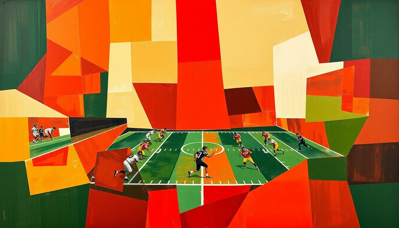A cubist, geometric painting depicting a fragmented, multi-angled view of a football game or practice, with sharp planes of crimson, orange, and green hues.