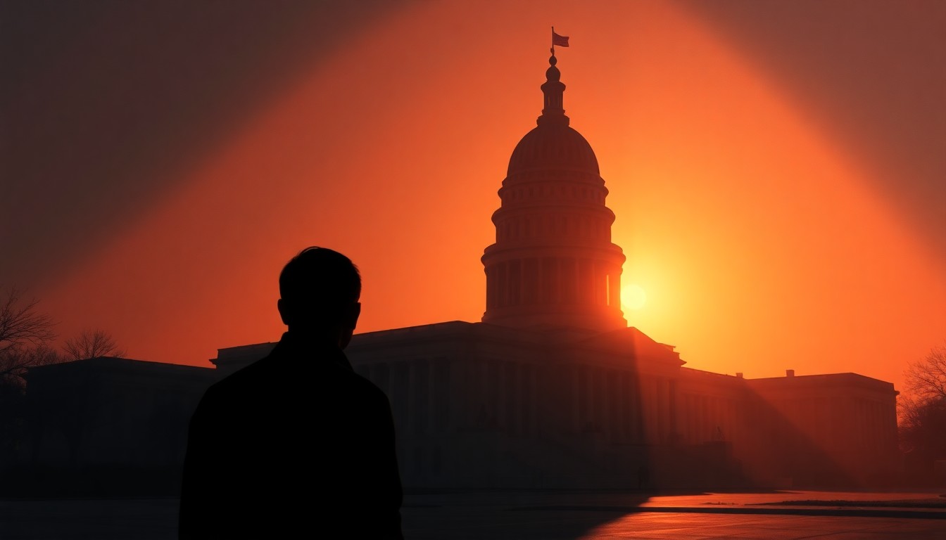 A dimly lit, cinematic painting of a government building or political figure, with warm sunlight casting long shadows across the scene, conveying a sense of solitude and unease around the topic of political influence.