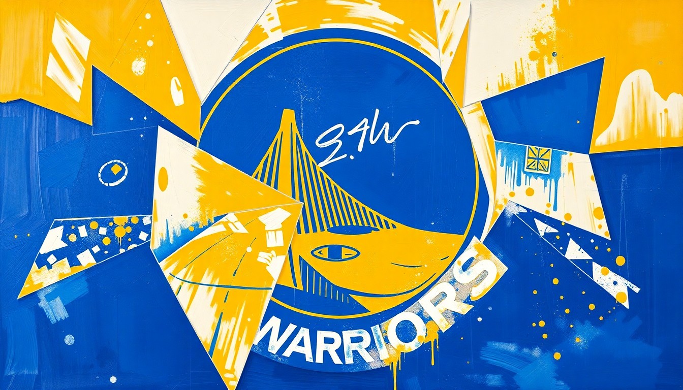 A fragmented, cubist-style painting depicting a basketball game, with the players and court broken down into overlapping geometric shapes and planes in the Warriors' team colors of blue, gold, and white.