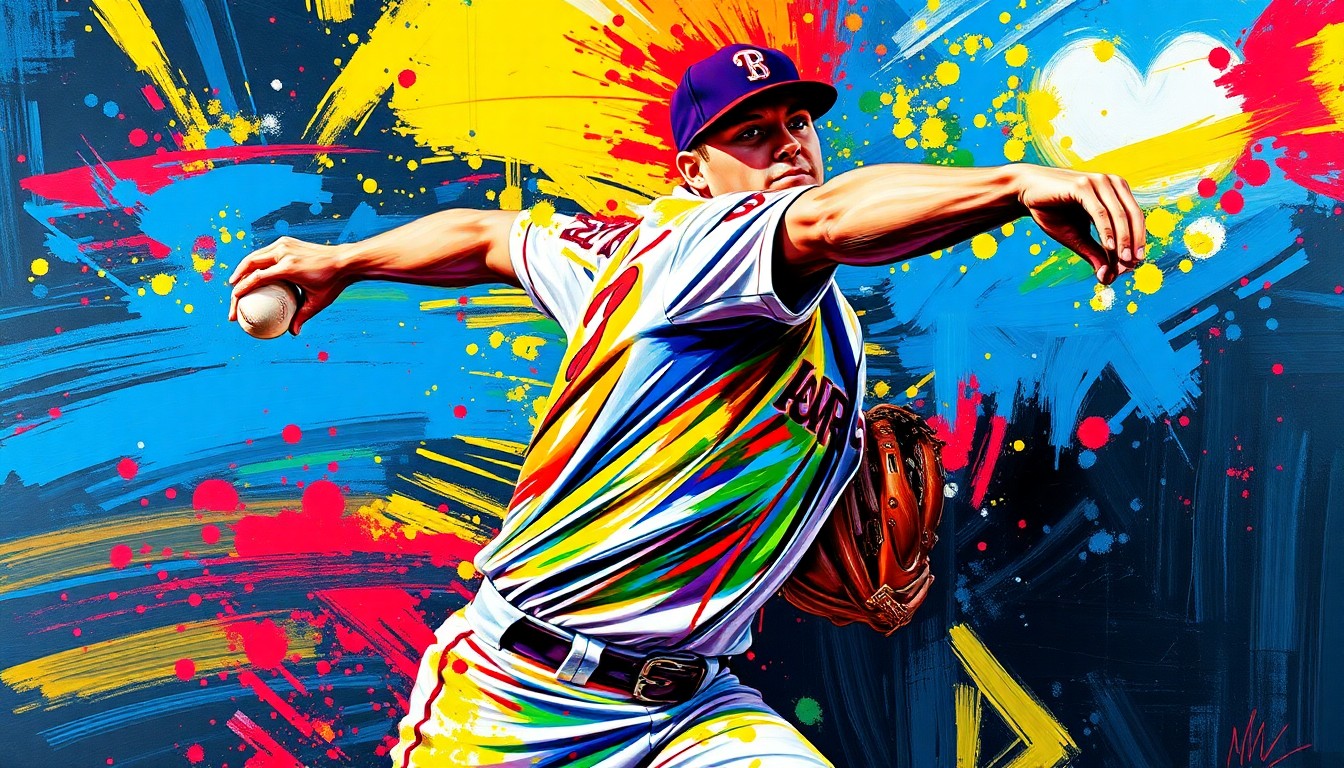 An extreme close-up of a baseball pitcher mid-throw, with vibrant neon-colored brushstrokes capturing the raw power and motion of the delivery. The pitcher's face and uniform are obscured, focusing the viewer's attention on the dynamic action of the pitch.