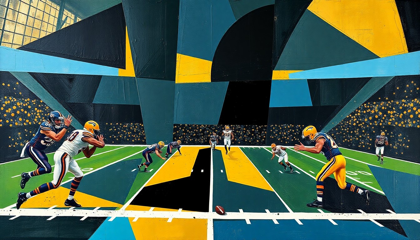 A fractured, multi-perspective painting in bold, angular shapes and vibrant colors, representing the energy and excitement of the 2026 NFL Draft in Pittsburgh.