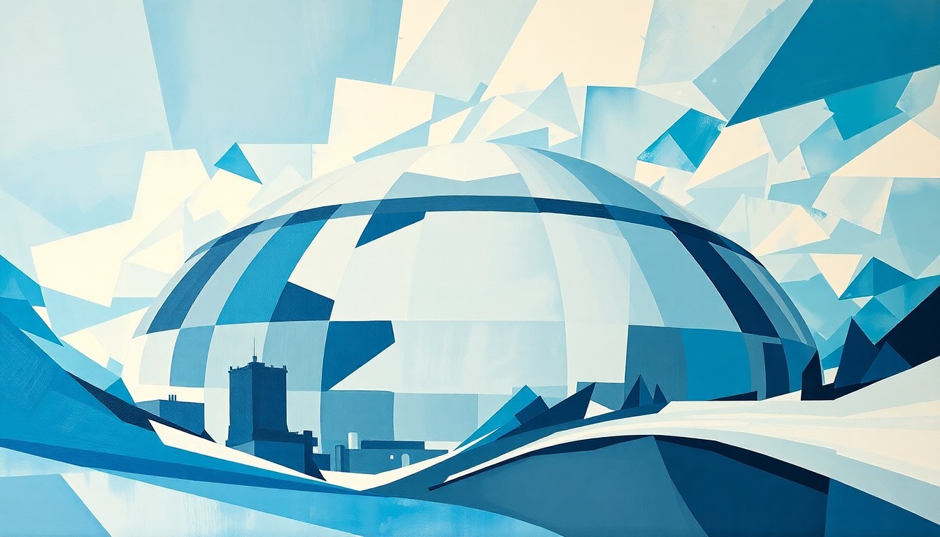 A highly textured, abstract painting featuring overlapping geometric shapes and waves of blue, grey, and white, conceptually representing the motion and energy of a nuclear reactor.