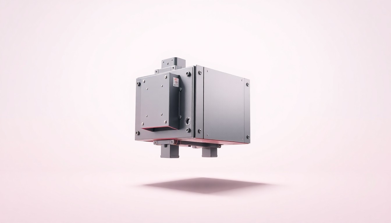 A close-up view of a sleek, metallic electrical switchgear component floating against a plain white background, representing the advanced technology that will be produced at Eaton's new Bellevue plant.
