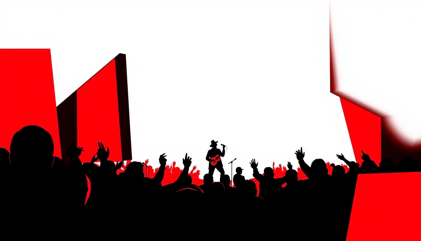 A striking abstract illustration featuring bold, jagged geometric shapes in deep red and white, conceptually representing the energy and excitement of a country music concert.