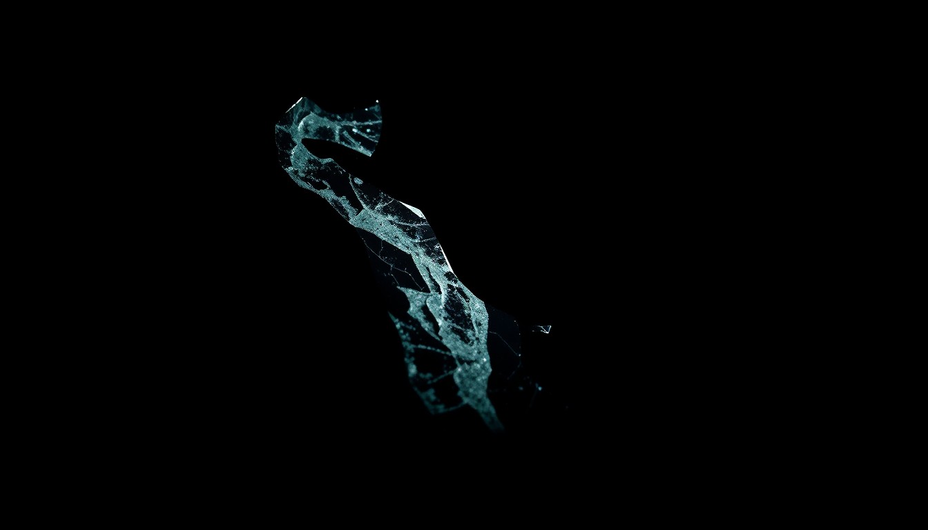 An extreme close-up photograph of a crumpled car part, such as a shattered window or twisted metal, lit by a harsh, direct camera flash against a pitch-black background, conveying the stark and gritty aftermath of a serious traffic accident.