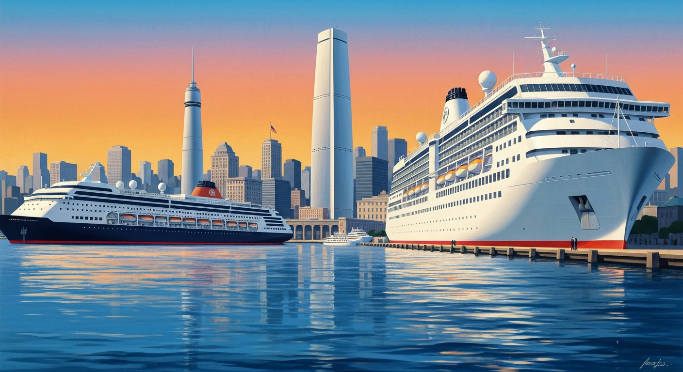 A highly stylized, geometric illustration depicting the grand scale of the Astoria port and cityscape, with sweeping airbrushed gradients and sleek, streamlined forms, capturing the romance and excitement of cruise ship travel to this coastal community.