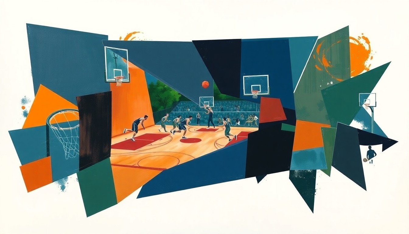 A cubist-style painting depicting a basketball game broken down into overlapping geometric shapes and planes in navy, green, and orange tones, conveying the athletic energy and versatility of the new CLC recruits.