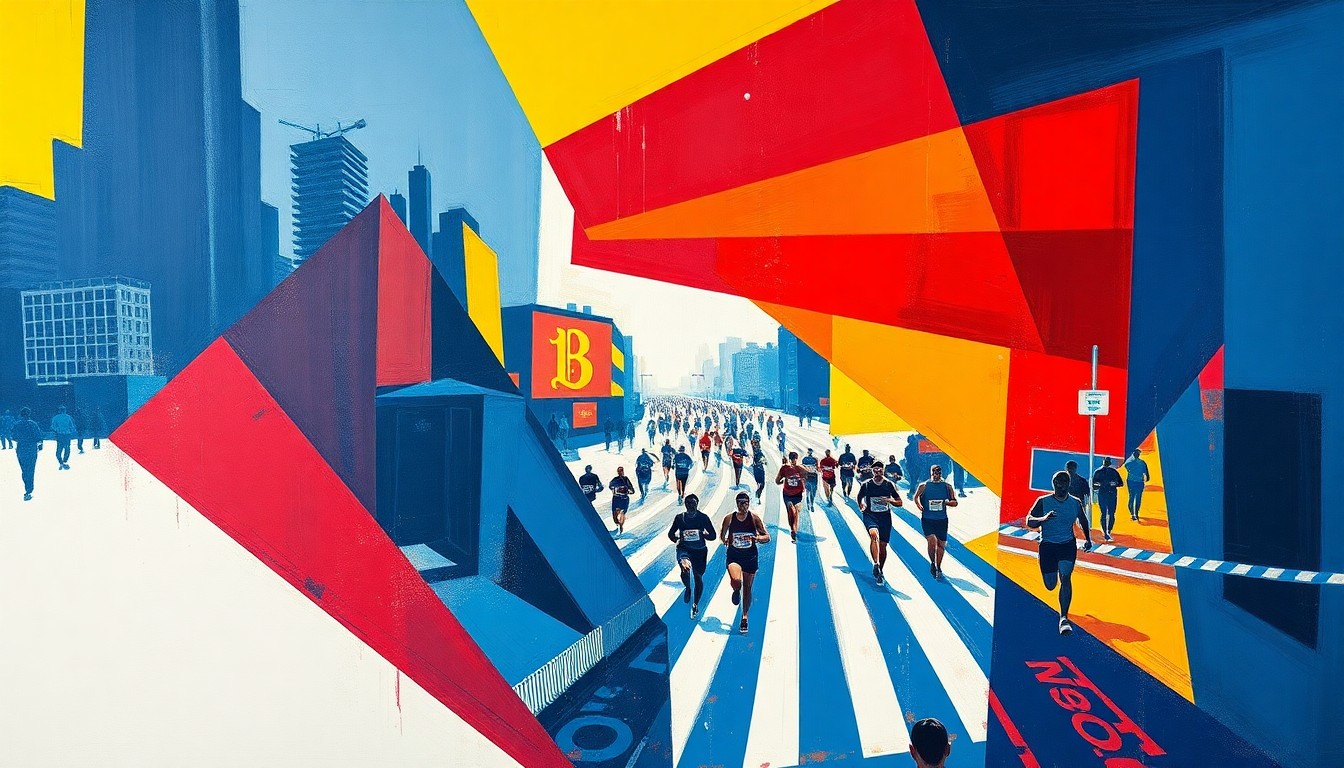 A cubist, geometric painting depicting the Boston Marathon as a series of overlapping, fragmented shapes in navy, red, and yellow, capturing the race's energy and tradition.