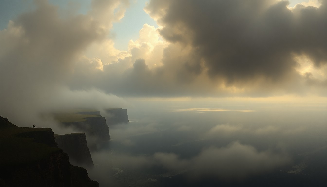 A vast, atmospheric landscape painting in muted tones of gray, blue, and green, depicting a stormy coastline with distant, ominous clouds on the horizon, conveying the overwhelming power and scale of nature.