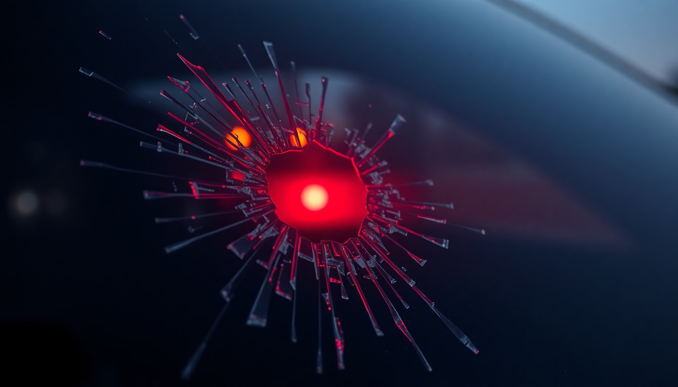 An extreme close-up photograph of shattered car window glass reflecting a faint red light, conveying the stark, gritty aftermath of a confrontation between law enforcement and an undocumented immigrant.