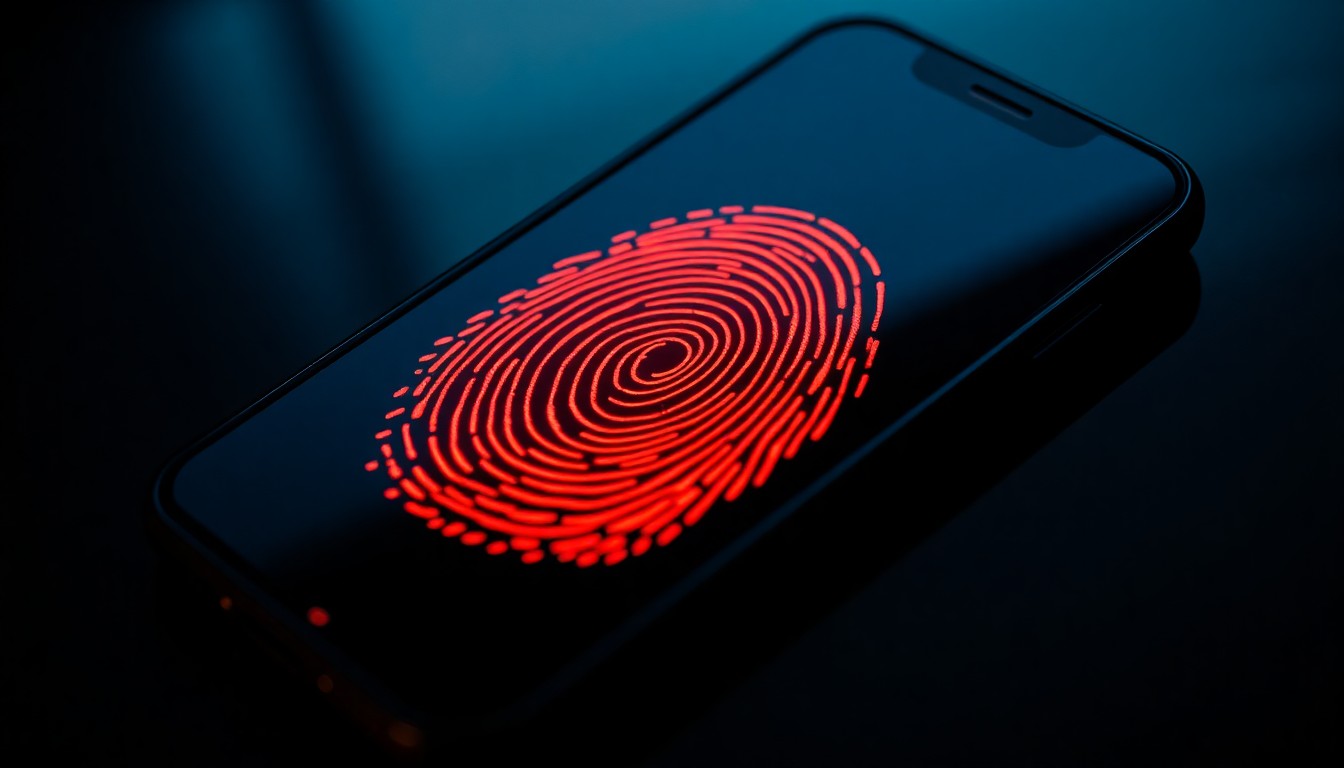 An extreme close-up photograph of a smartphone screen with a glowing red digital fingerprint, conceptually representing the invasive nature of digital forensics in law enforcement.