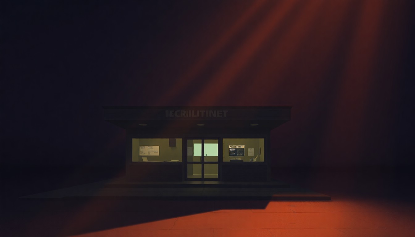 A dimly lit, cinematic painting of an empty military recruitment office, with sunlight streaming through the windows and casting long shadows across the sparse interior, conveying a sense of quiet contemplation around the policy's implications.