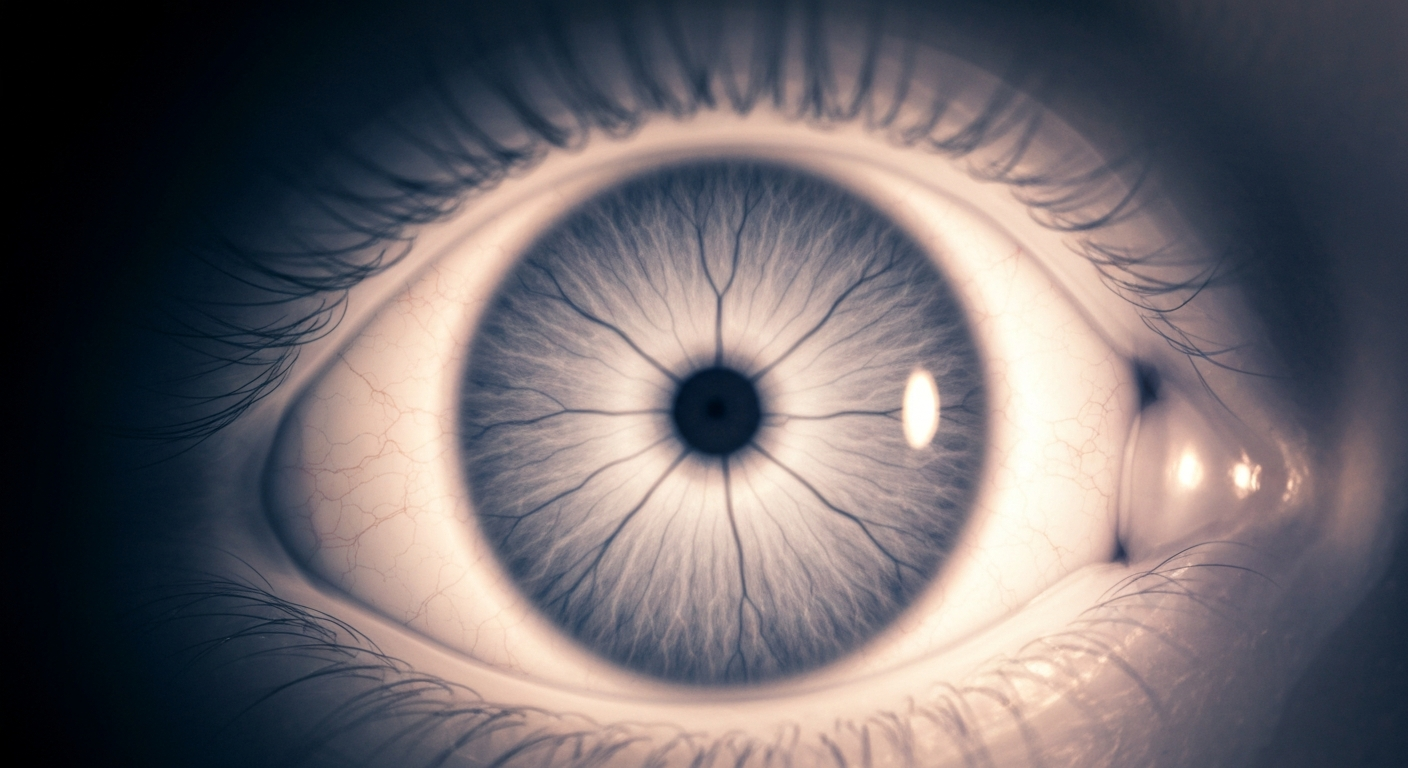 A translucent, ghostly X-ray photograph of a child's eye, revealing the intricate structures and details of the retina and optic nerve in a glowing, ethereal manner, conceptually representing the delicate and complex nature of the human eye.