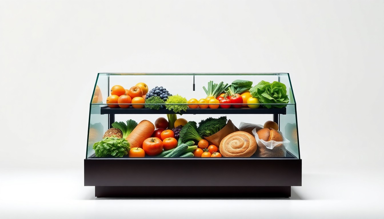 A high-end, photorealistic studio still-life photograph featuring a polished, geometric glass display case filled with various fresh produce items, including leafy greens, vibrant fruits, and artisanal baked goods, conceptually representing Oliver's Market's commitment to quality, locally-sourced products.
