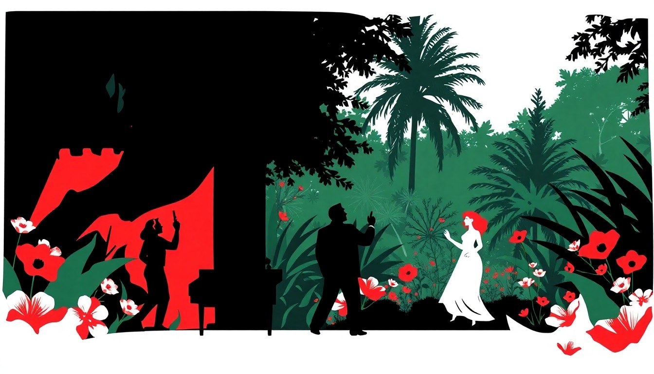 A striking, abstract composition of bold, jagged black silhouettes and high-contrast solid colors, conceptually representing the idea of a Broadway musical performance in an outdoor, botanical garden setting.
