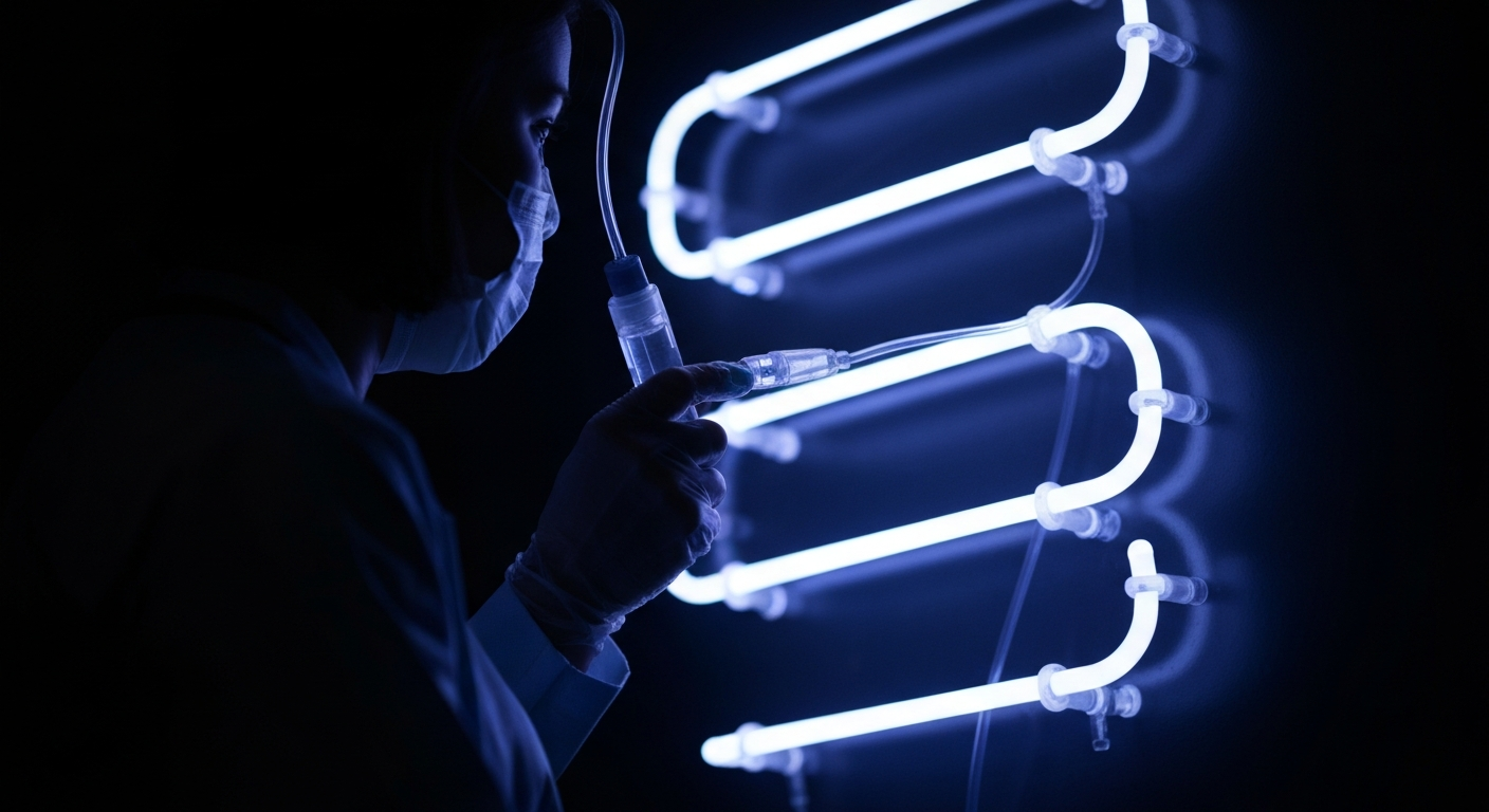 A minimalist design in the style of Keith Haring where the outline of a syringe and vaccine vial are defined by glowing, vibrant neon lines against a deep, dark background, emphasizing the shape and electricity of the medical equipment.