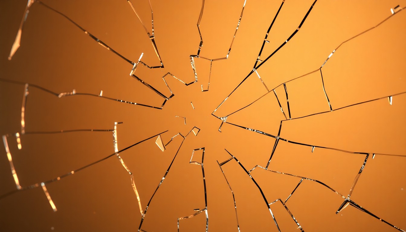 An abstract close-up photograph of shattered glass reflecting a warm, glowing light, conveying a sense of fragility and uncertainty.