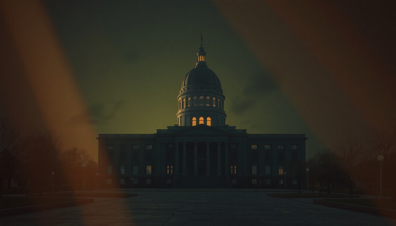 A quiet, cinematic painting of a solitary Kansas state capitol building, its facade bathed in warm, diagonal sunlight and deep shadows, conveying a sense of political contemplation and civic responsibility.