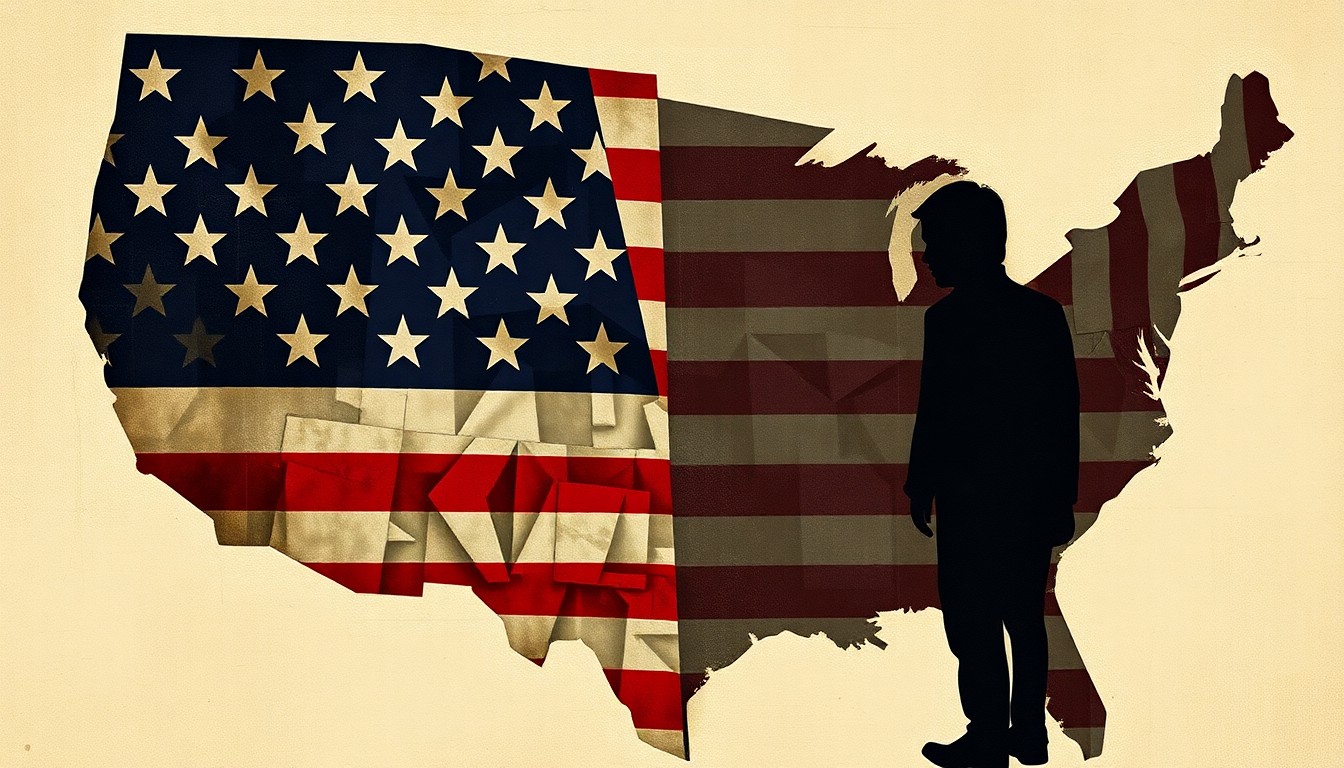 A fractured, abstract painting featuring overlapping geometric shapes and waves of color in shades of red, white, and blue, conceptually representing the complex and contested nature of citizenship and voting rights in the United States.