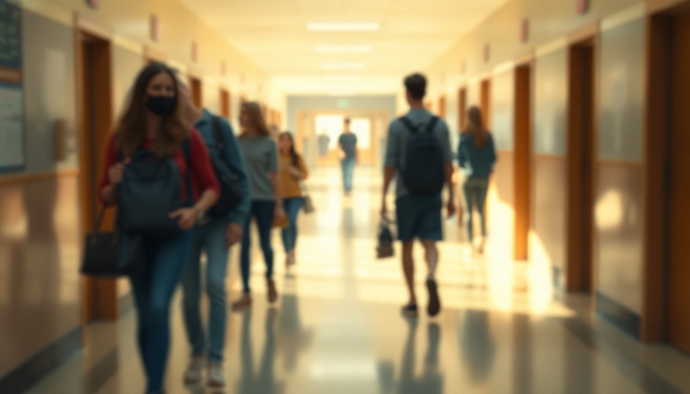 A hazy, impressionistic scene of high school students moving through the hallways, with soft, warm lighting and blurred edges creating a dreamlike, atmospheric quality that evokes the transition and change at Newton North.