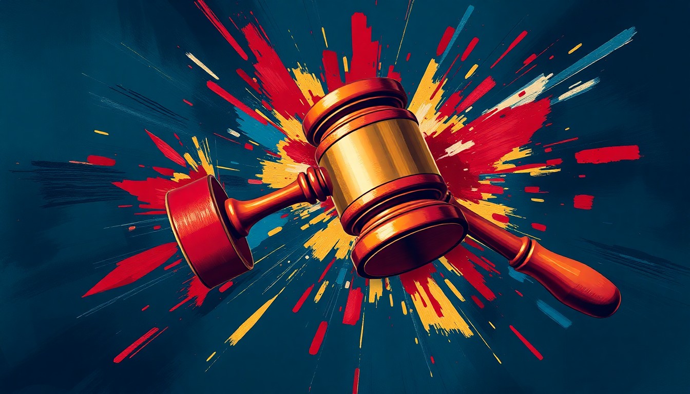 A vibrant, fragmented painting featuring overlapping geometric shapes and brushstrokes in shades of navy, crimson, and gold, conceptually representing the political and judicial power dynamics surrounding a legal symbol.