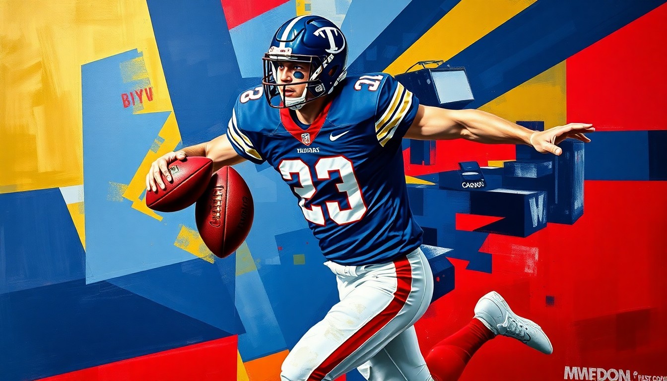A cubist-style painting depicting a BYU football player in motion, with their body broken down into sharp, overlapping geometric shapes in navy, red, and gold colors, conveying the raw athleticism and determination of the player.