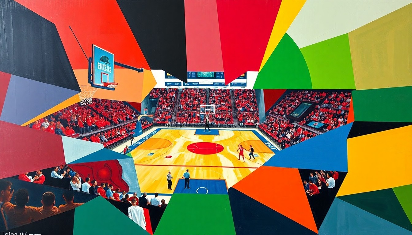 A fractured, cubist-style painting depicting the overlapping elements of a college basketball game, with sharp geometric shapes in vibrant colors representing the players, court, and crowd.
