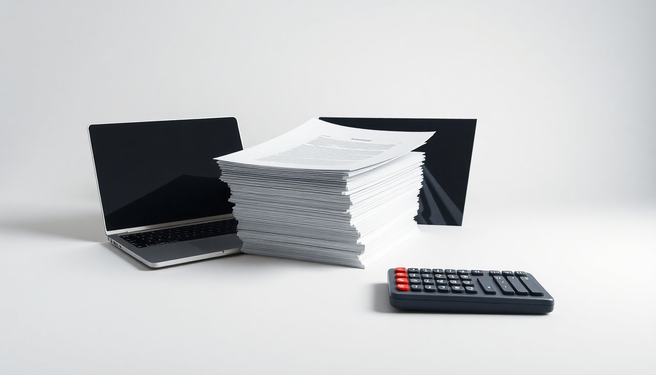 A minimalist studio still life photograph featuring a stack of legal documents, a laptop, and a calculator arranged on a clean white background, symbolizing the abstract corporate strategy and financial risks at the heart of this securities fraud lawsuit.