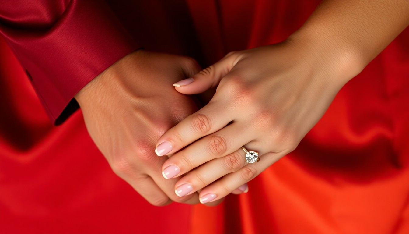 An extreme macro photograph of two hands, one adorned with a sparkling diamond ring, intertwined against a backdrop of luxurious burgundy and gold velvet fabric, creating a high-fashion, glamorous aesthetic.