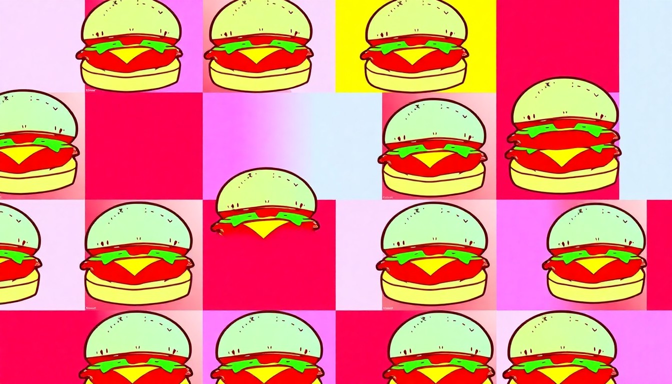 A brightly colored, high-contrast silkscreen print of a Chick-fil-A chicken sandwich repeated in a tight grid pattern, conceptually representing the superstition surrounding the fast-food chain as a good luck charm for Chinese immigrants navigating the complex U.S. visa system.