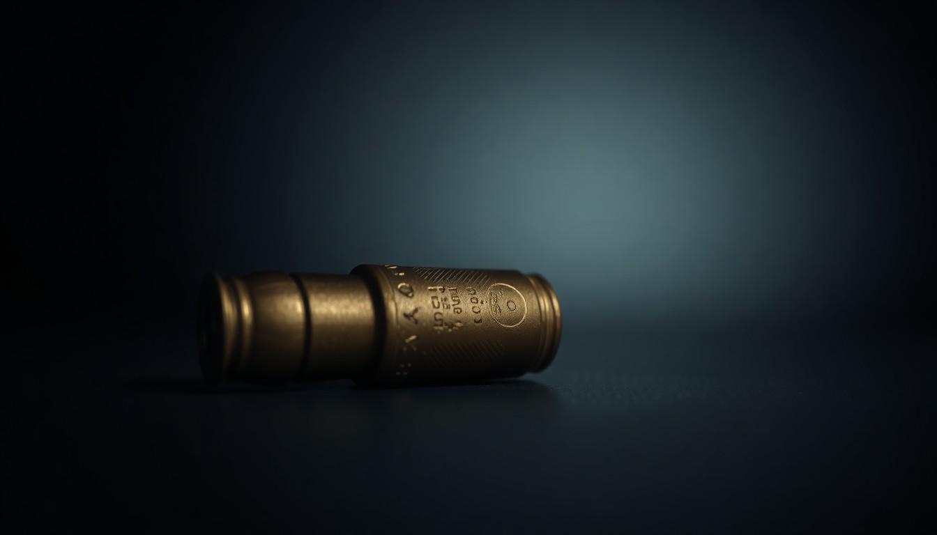 An extreme close-up photograph of a spent 9mm shell casing lying on a dark surface, the harsh flash creating dramatic shadows and highlights that convey a sense of danger and investigation.