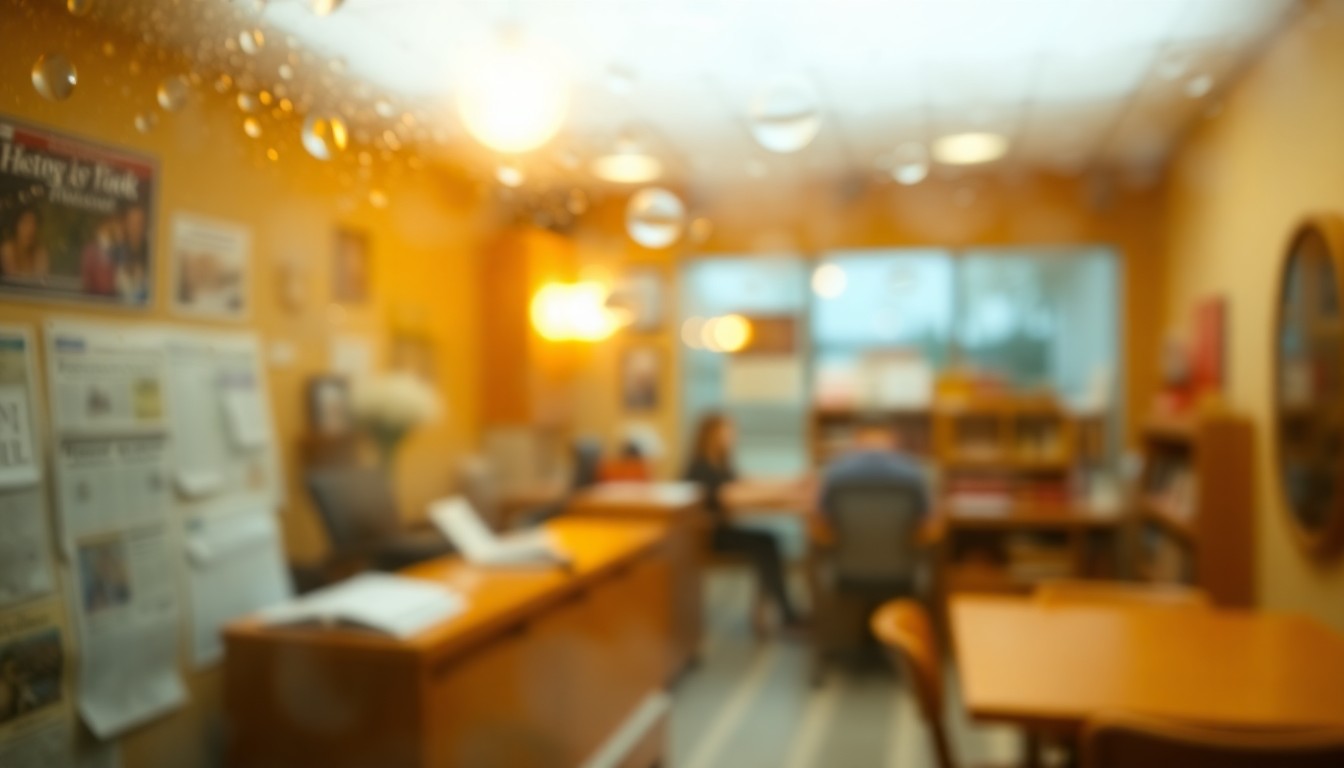 An abstract, impressionistic scene of blurred, colorful shapes and soft light, evoking the warm, community-focused atmosphere of a local newspaper office.