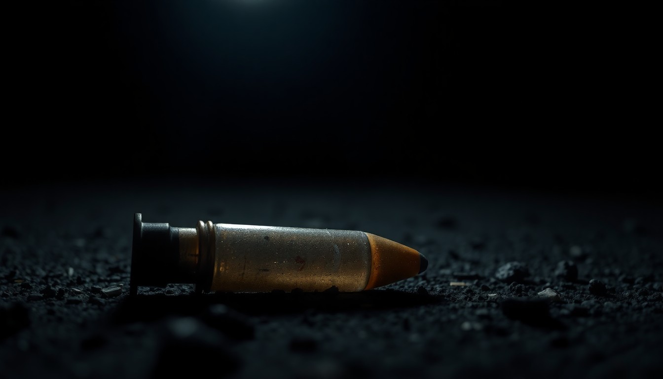 An extreme close-up photograph of a spent shell casing on the ground, capturing the stark, gritty details of a crime scene investigation.