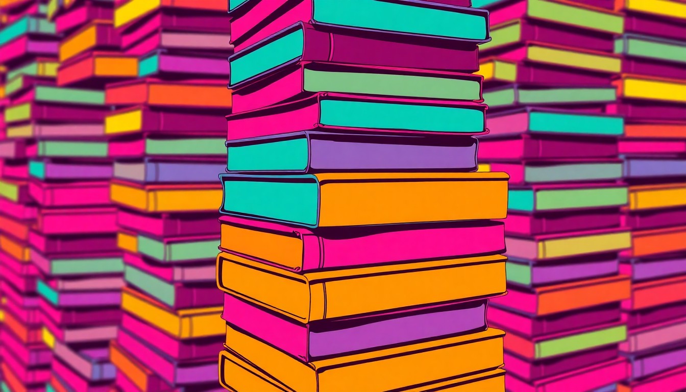 A highly stylized, abstract illustration of a stack of textbooks in a repeating grid pattern, using vibrant neon colors and bold black outlines to create a modern pop art aesthetic that conceptually represents the accessibility of education.