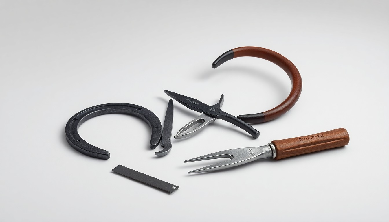 A high-end, photorealistic studio still-life photograph featuring a collection of polished, premium farrier tools arranged elegantly on a clean, monochromatic background, conceptually representing the craftsmanship and precision of the farrier trade.